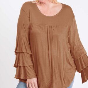 Plus Size Tan Ruffle Long Sleeve Solid Basic Summer Blouse